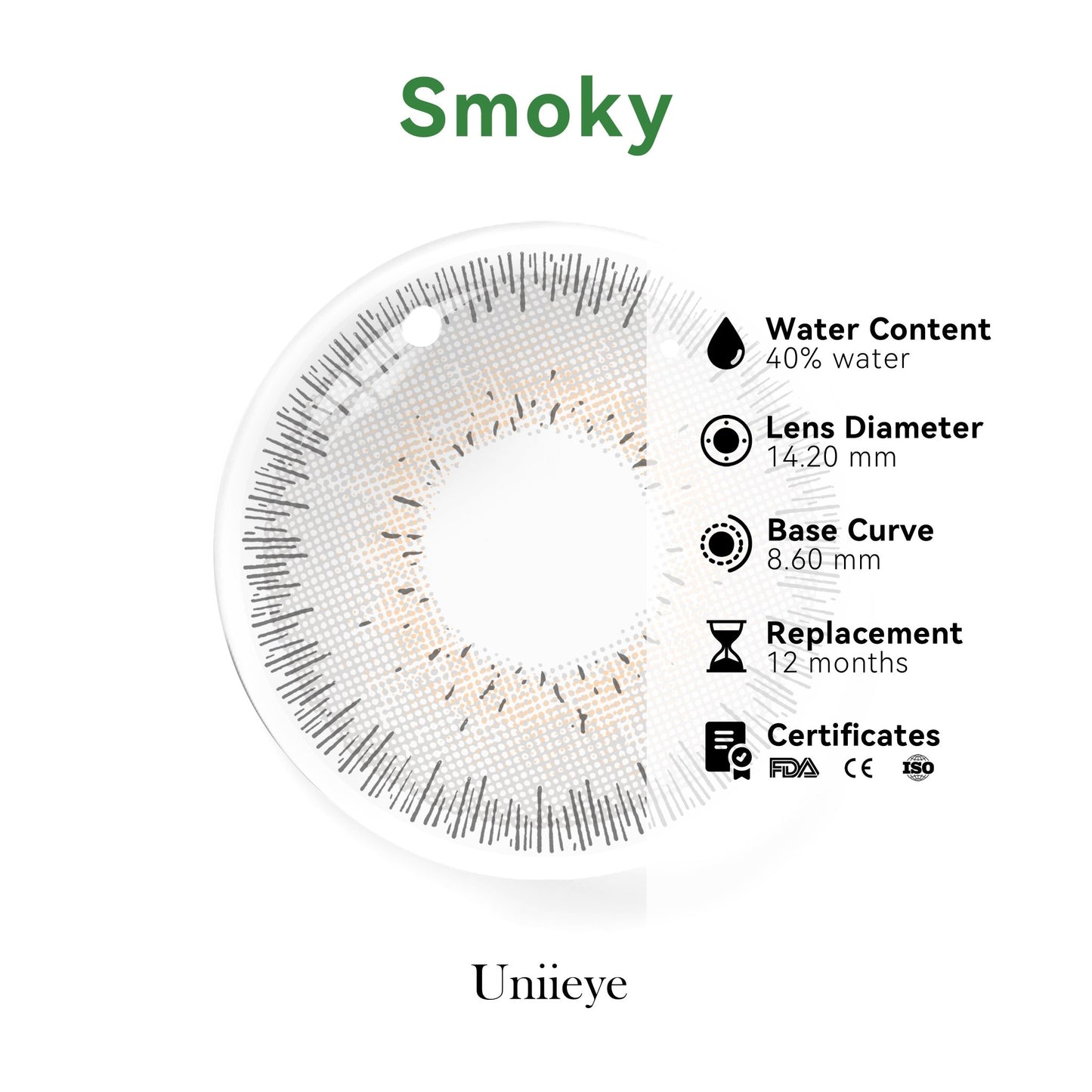 UNIIEYE Smoky Smokey Grey Prescription Yearly Colored Contacts - Uniieye